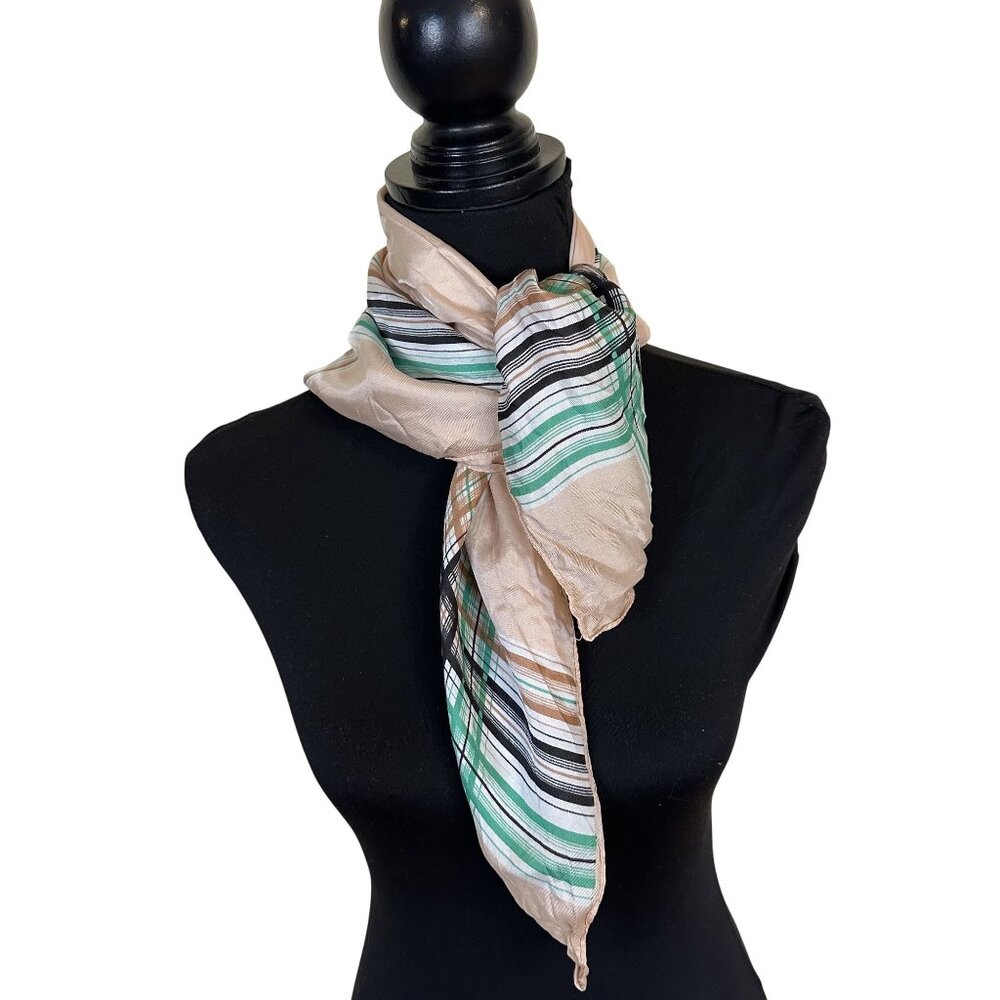 Vintage Plaid Peach & Green Square Scarf 100% Poly Womens 24 inch